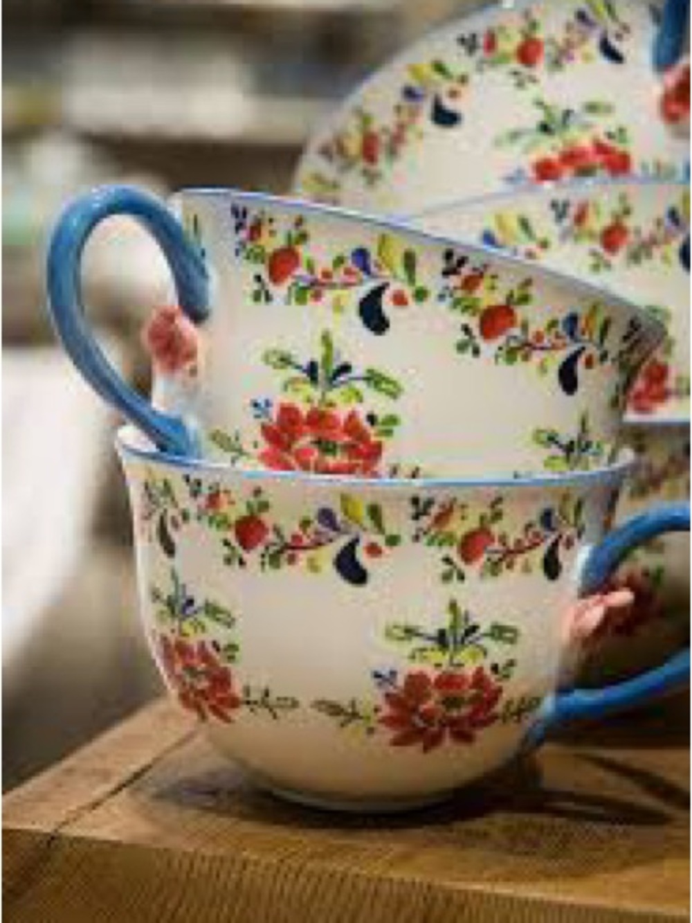 Anthropologie Cadiz Floral Ceramic mug with Blue Handle